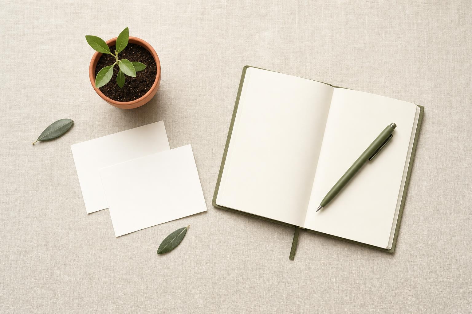 Terracotta pot with a young olive seedling beside an open notebook and olive-green pen