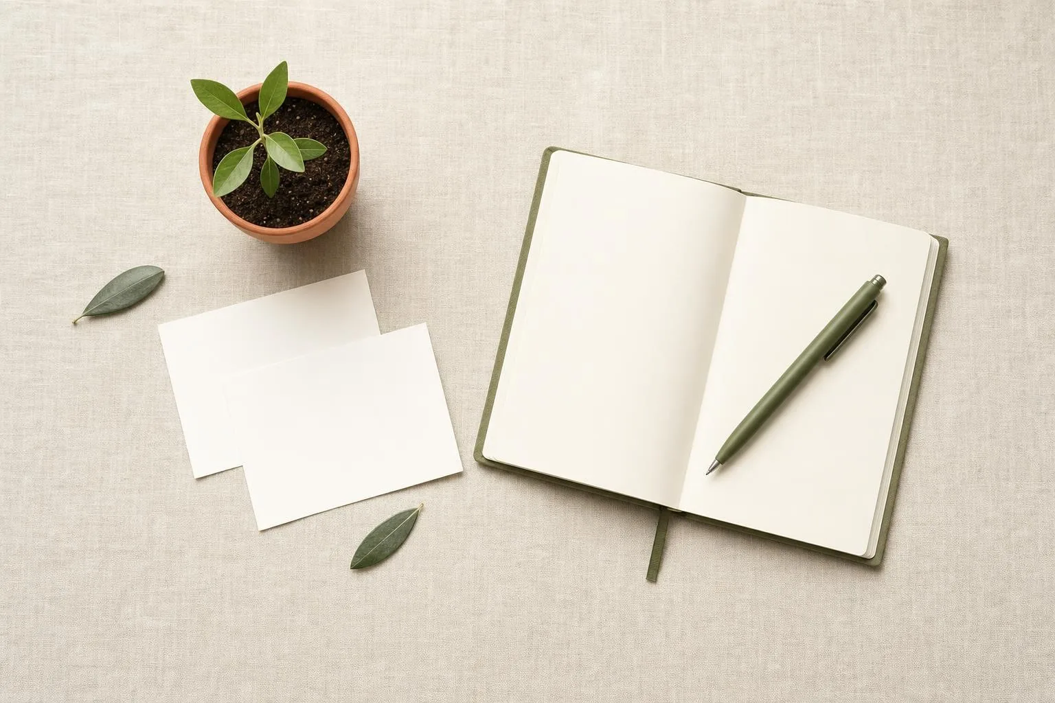 Terracotta pot with a young olive seedling beside an open notebook and olive-green pen