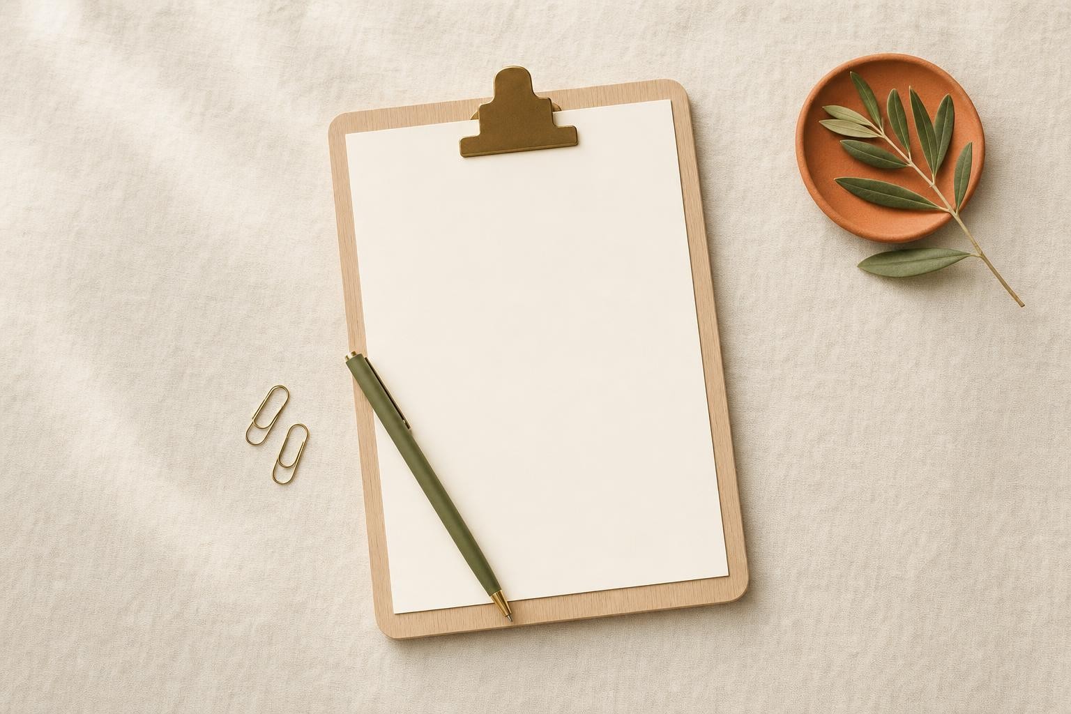 A wooden clipboard holding a blank sheet with an olive-green pen and brass paperclips