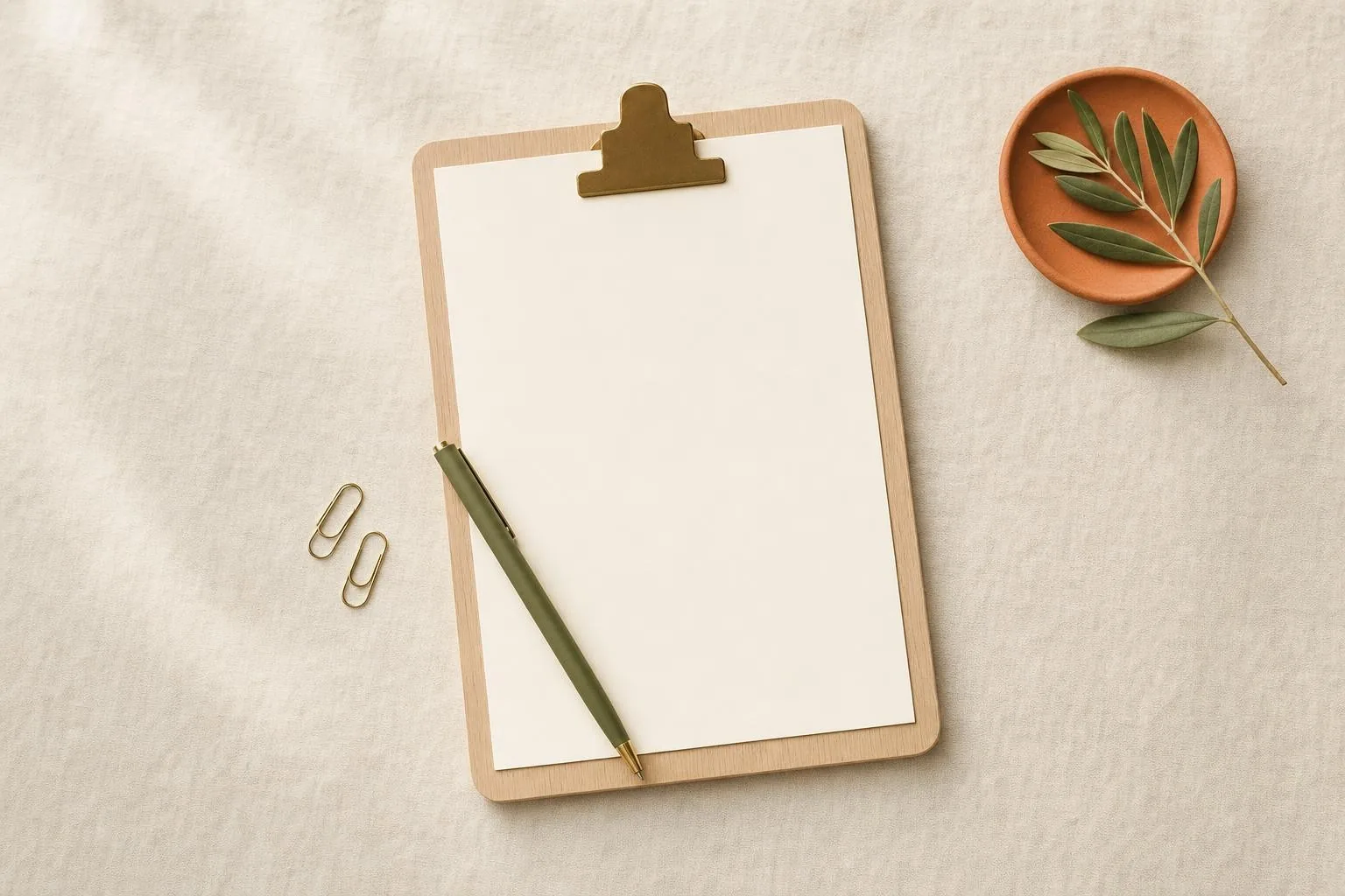 A wooden clipboard holding a blank sheet with an olive-green pen and brass paperclips