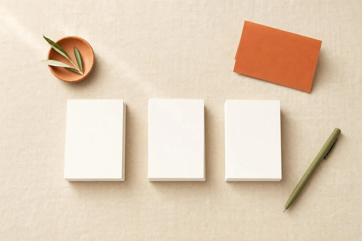 Three separate neat stacks of blank white cards on a linen surface, representing distinct content silos
