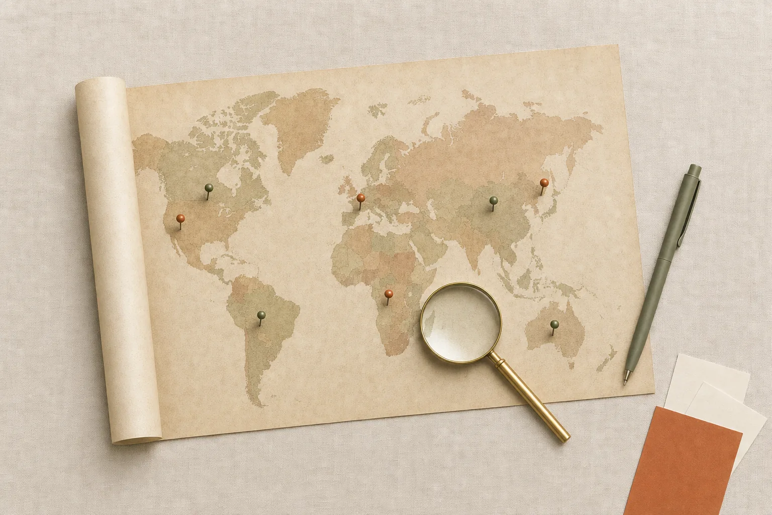 Flat lay of a vintage world map with seven pins and a brass magnifying glass on cream linen