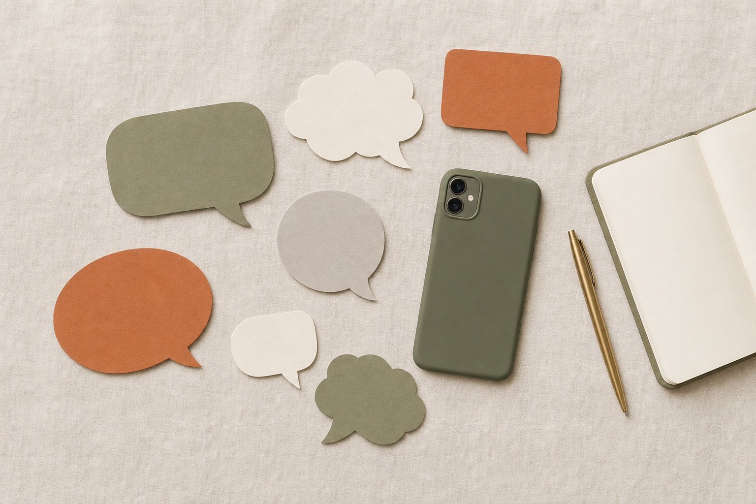 Flat lay of paper speech bubbles around a phone and notebook on cream linen